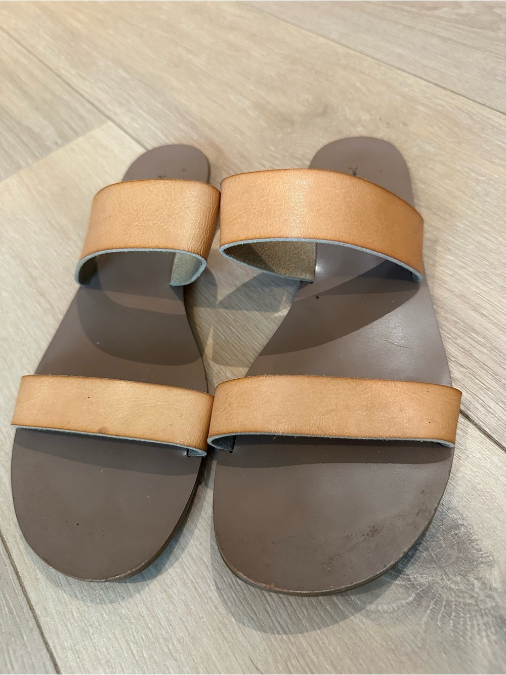 J. Crew Women's Two-Strap Tan Leather Slide Sandals - Picture 2 of 4